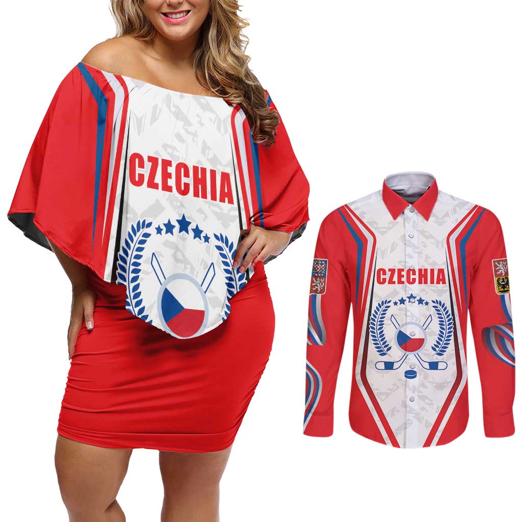 Czech Republic Ice Hockey Custom Couples Matching Off Shoulder Short Dress and Long Sleeve Button Shirt Flag Style