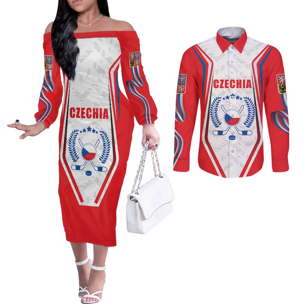 Czech Republic Ice Hockey Custom Couples Matching Off The Shoulder Long Sleeve Dress and Long Sleeve Button Shirt Flag Style