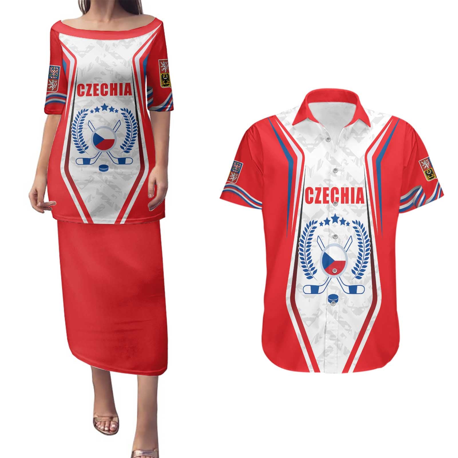 Czech Republic Ice Hockey Custom Couples Matching Puletasi and Hawaiian Shirt Flag Style