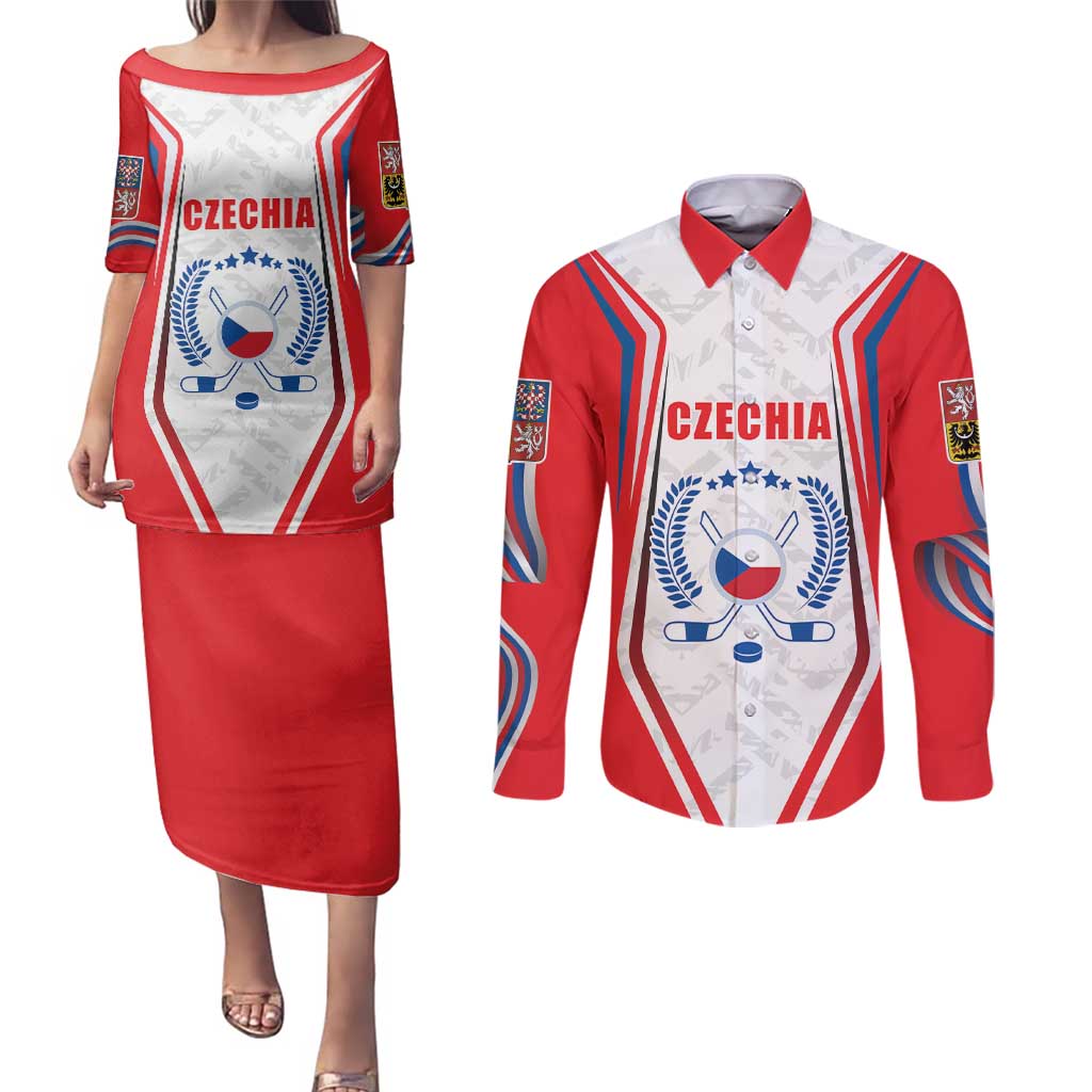 Czech Republic Ice Hockey Custom Couples Matching Puletasi and Long Sleeve Button Shirt Flag Style