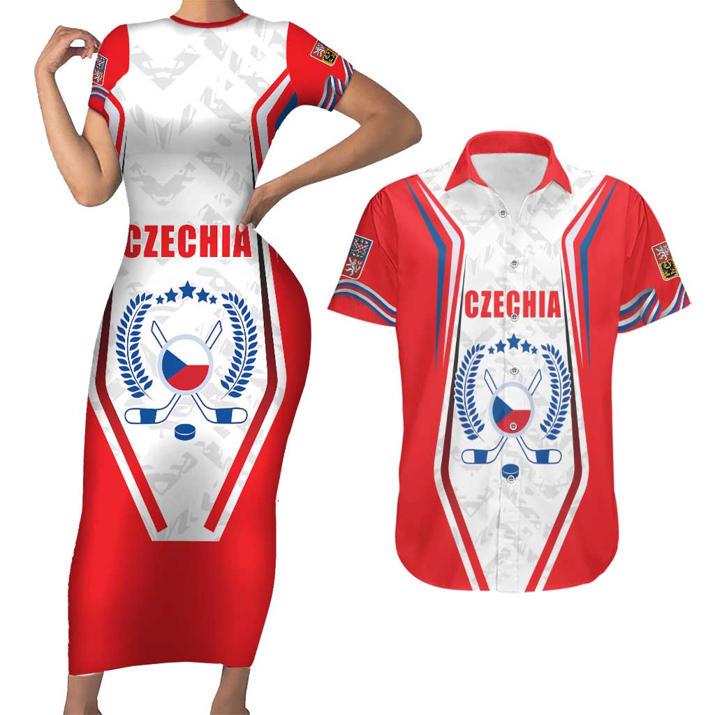 Czech Republic Ice Hockey Custom Couples Matching Short Sleeve Bodycon Dress and Hawaiian Shirt Flag Style