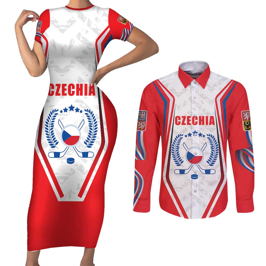 Czech Republic Ice Hockey Custom Couples Matching Short Sleeve Bodycon Dress and Long Sleeve Button Shirt Flag Style