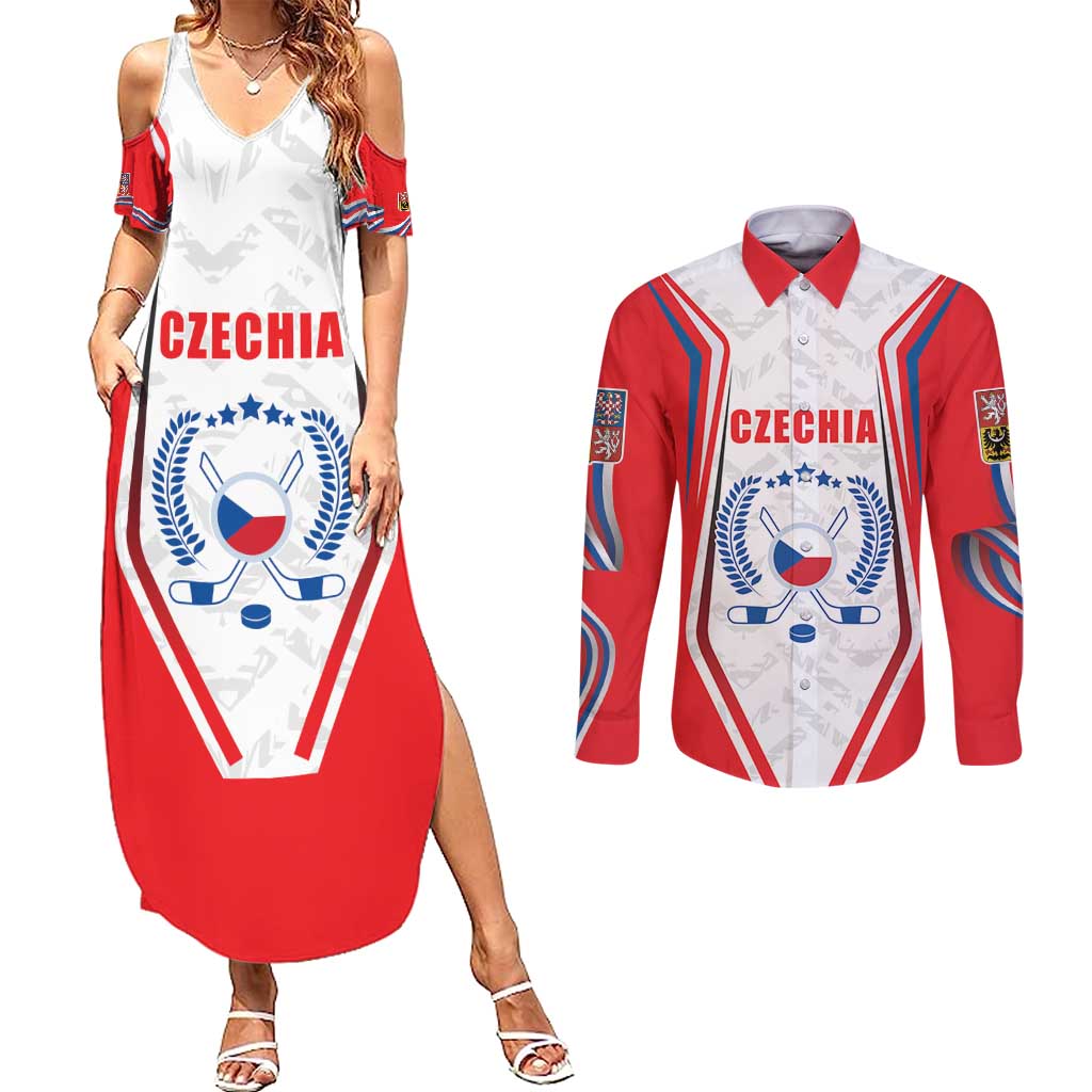 Czech Republic Ice Hockey Custom Couples Matching Summer Maxi Dress and Long Sleeve Button Shirt Flag Style