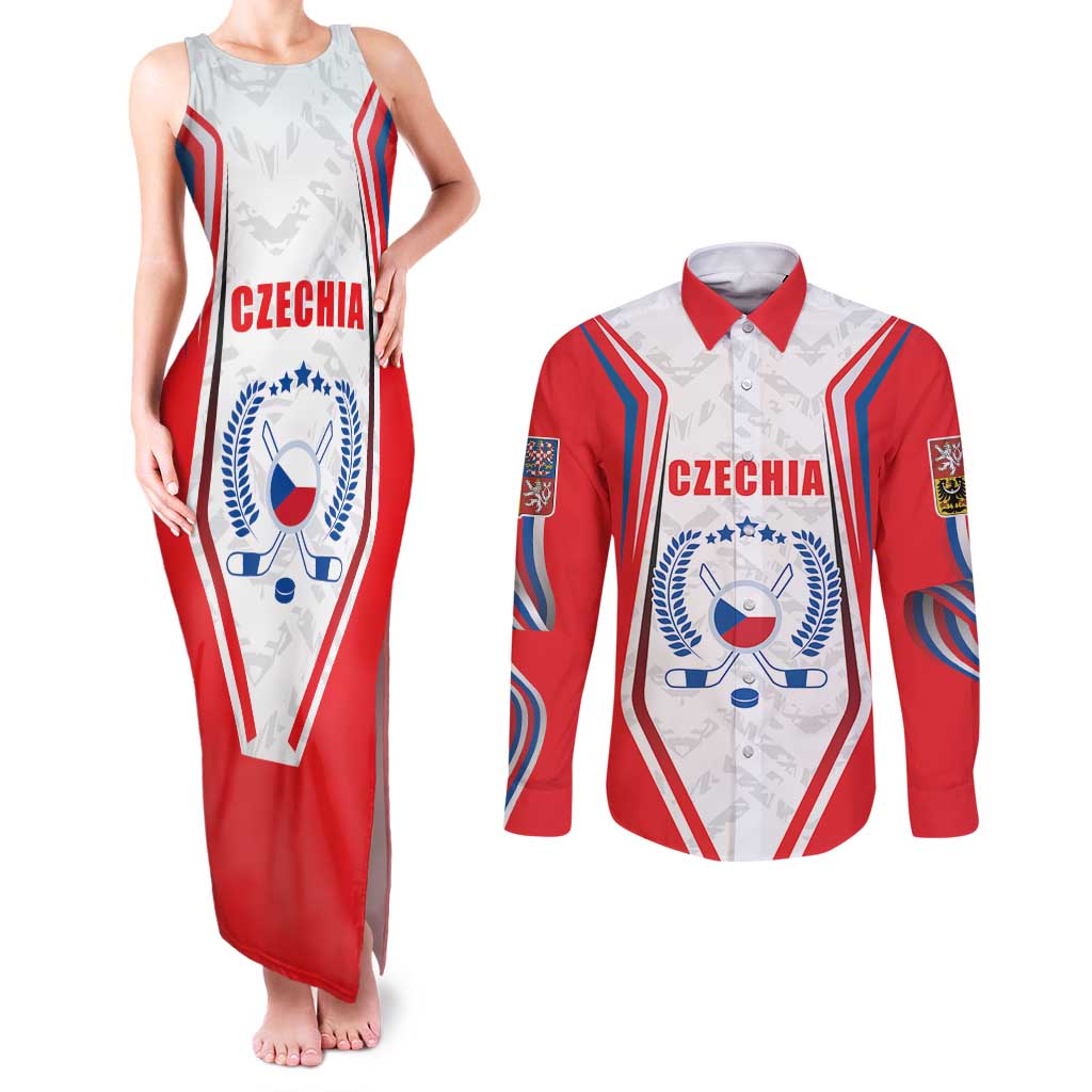 Czech Republic Ice Hockey Custom Couples Matching Tank Maxi Dress and Long Sleeve Button Shirt Flag Style