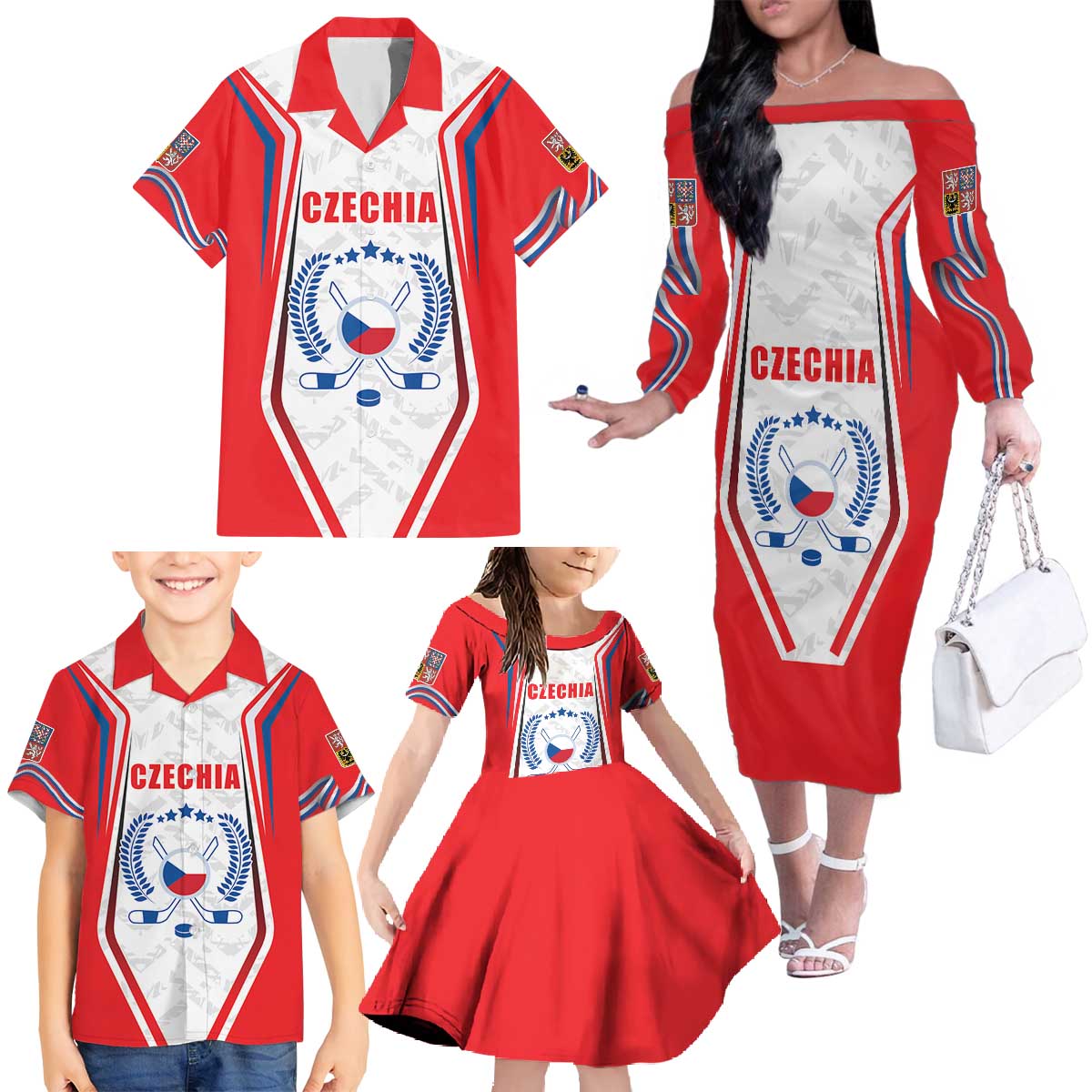 Czech Republic Ice Hockey Custom Family Matching Off The Shoulder Long Sleeve Dress and Hawaiian Shirt Flag Style