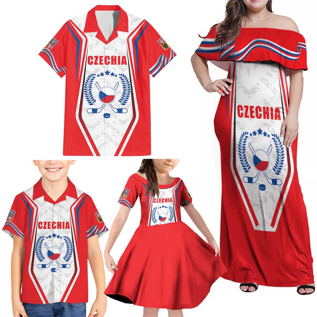 Czech Republic Ice Hockey Custom Family Matching Off Shoulder Maxi Dress and Hawaiian Shirt Flag Style