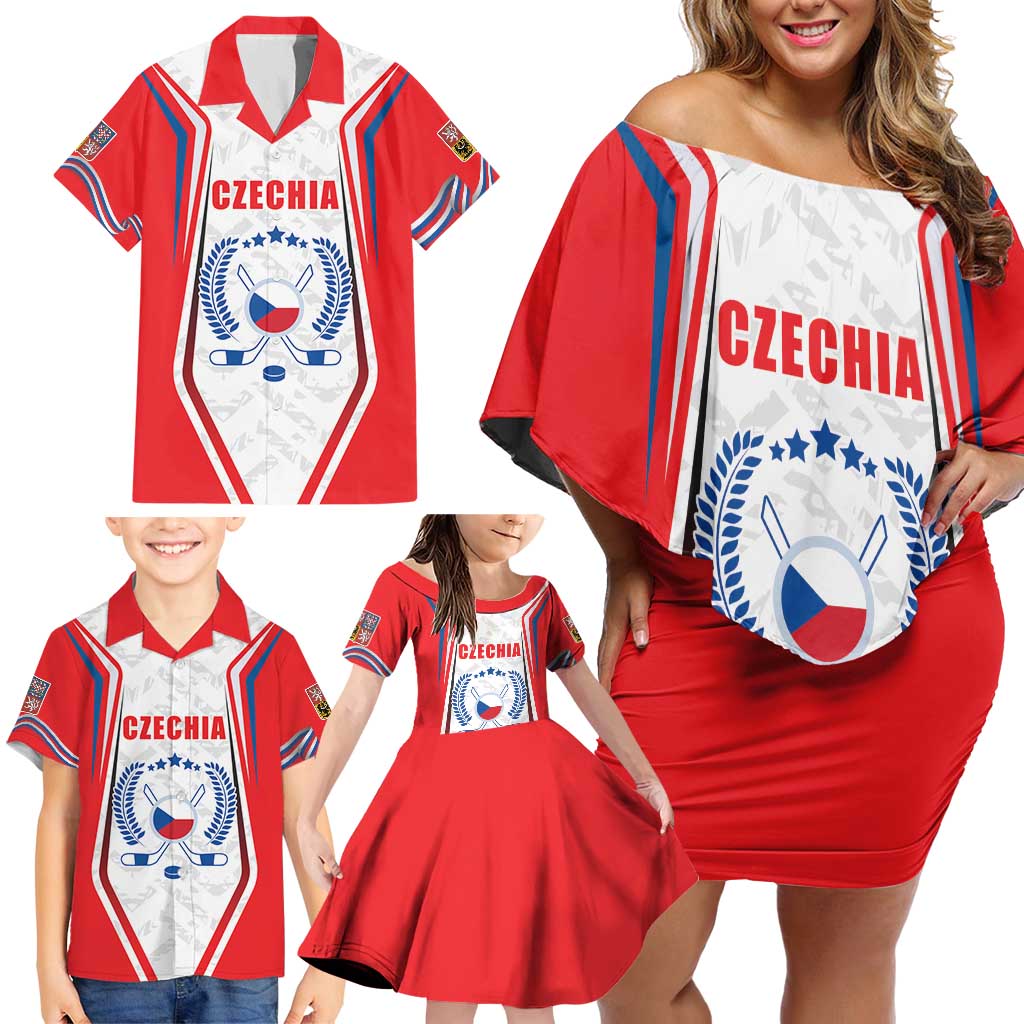 Czech Republic Ice Hockey Custom Family Matching Off Shoulder Short Dress and Hawaiian Shirt Flag Style