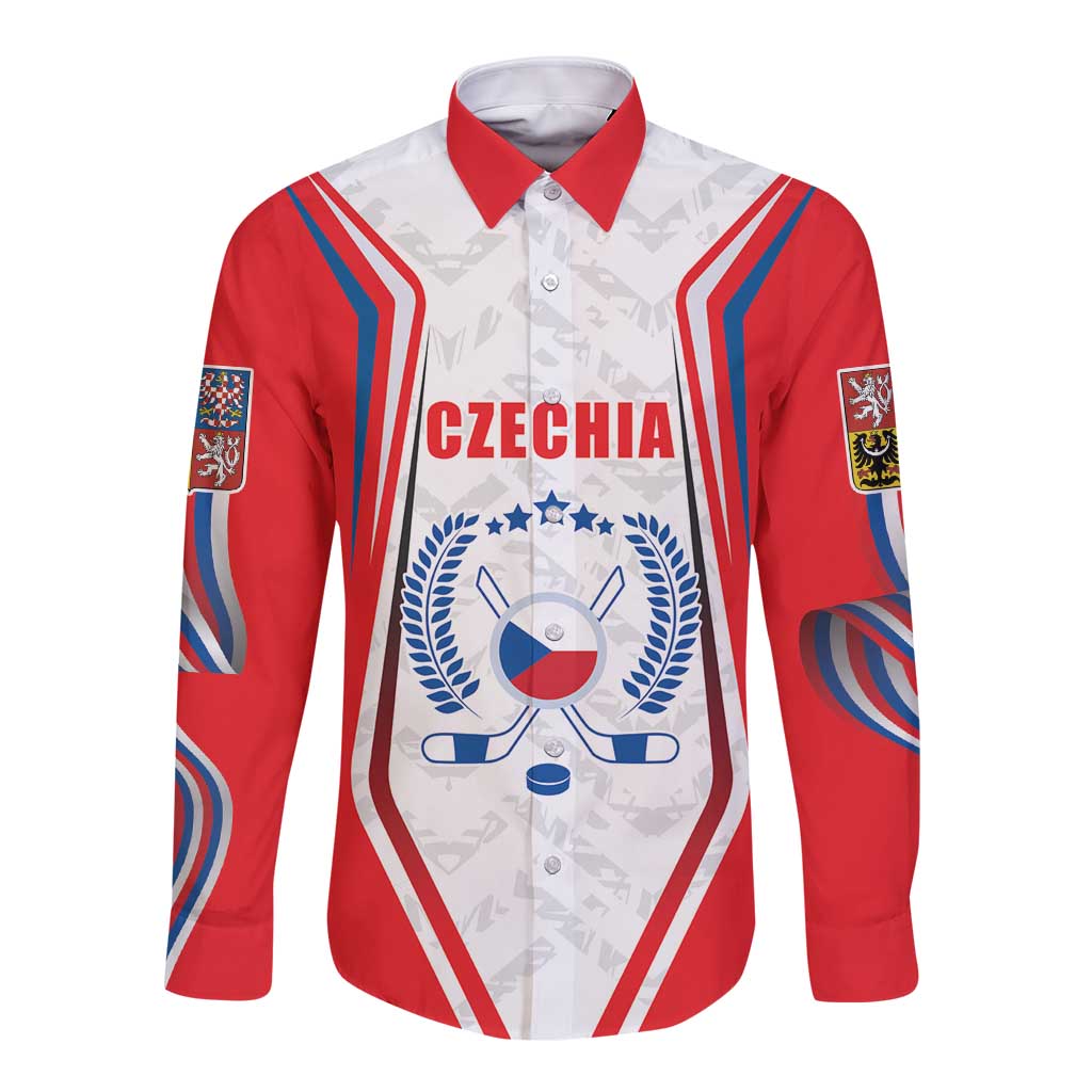 Red and white long sleeve button shirt with Czechia text and ice hockey crest