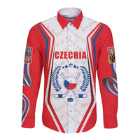 Red and white long sleeve button shirt with Czechia text and ice hockey crest