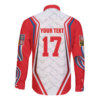 Red and white long sleeve button shirt back with YOUR TEXT and 17