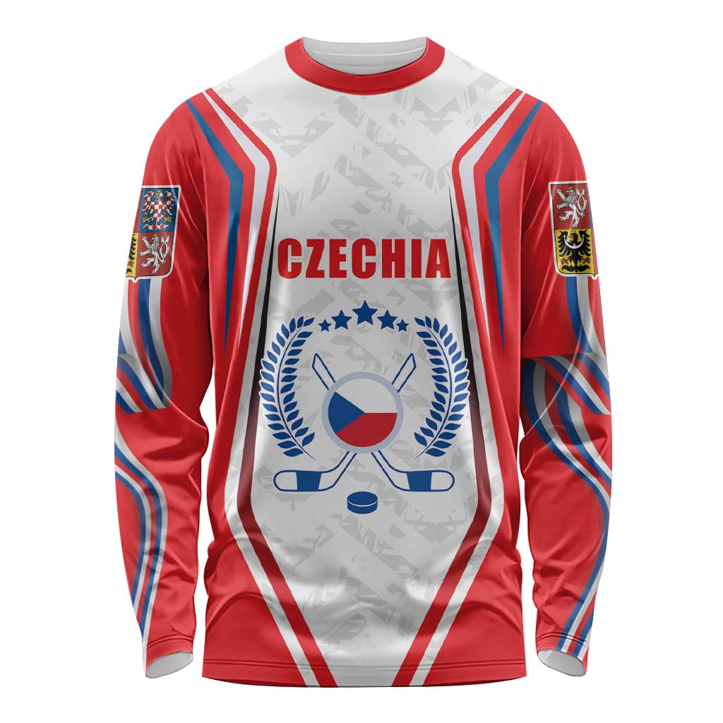Red long-sleeve hockey shirt with Czechia crest, flag stripes, and blue-white-red graphics