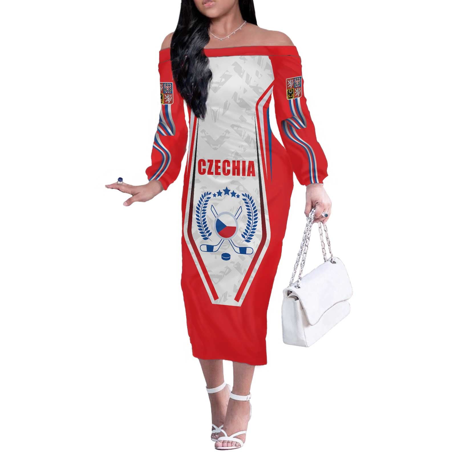 Czech Republic Ice Hockey Custom Off The Shoulder Long Sleeve Dress Flag Style