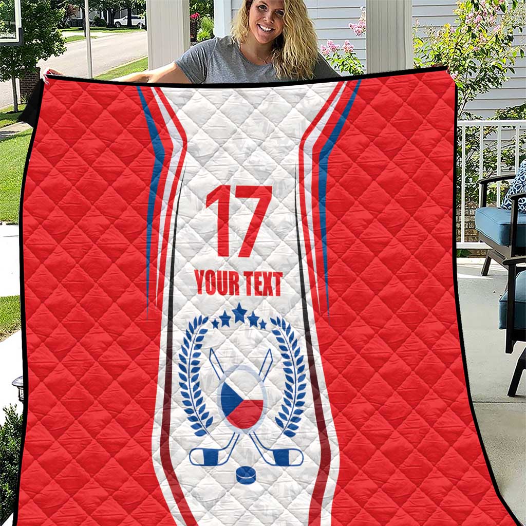 Red and white custom quilt blanket with Czech hockey emblem, number 17, YOUR TEXT