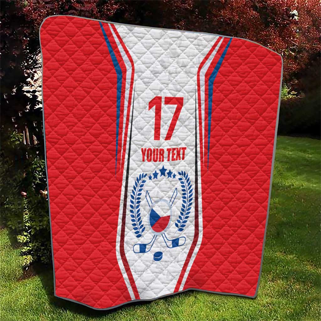 Red custom quilt blanket with Czech crest and hockey sticks, number 17, YOUR TEXT