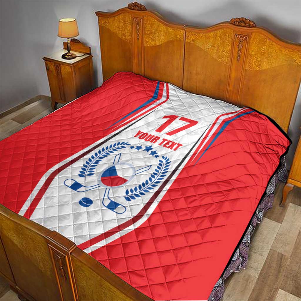 Red and white custom quilt blanket with Czech hockey flag stripe, number 17, YOUR TEXT