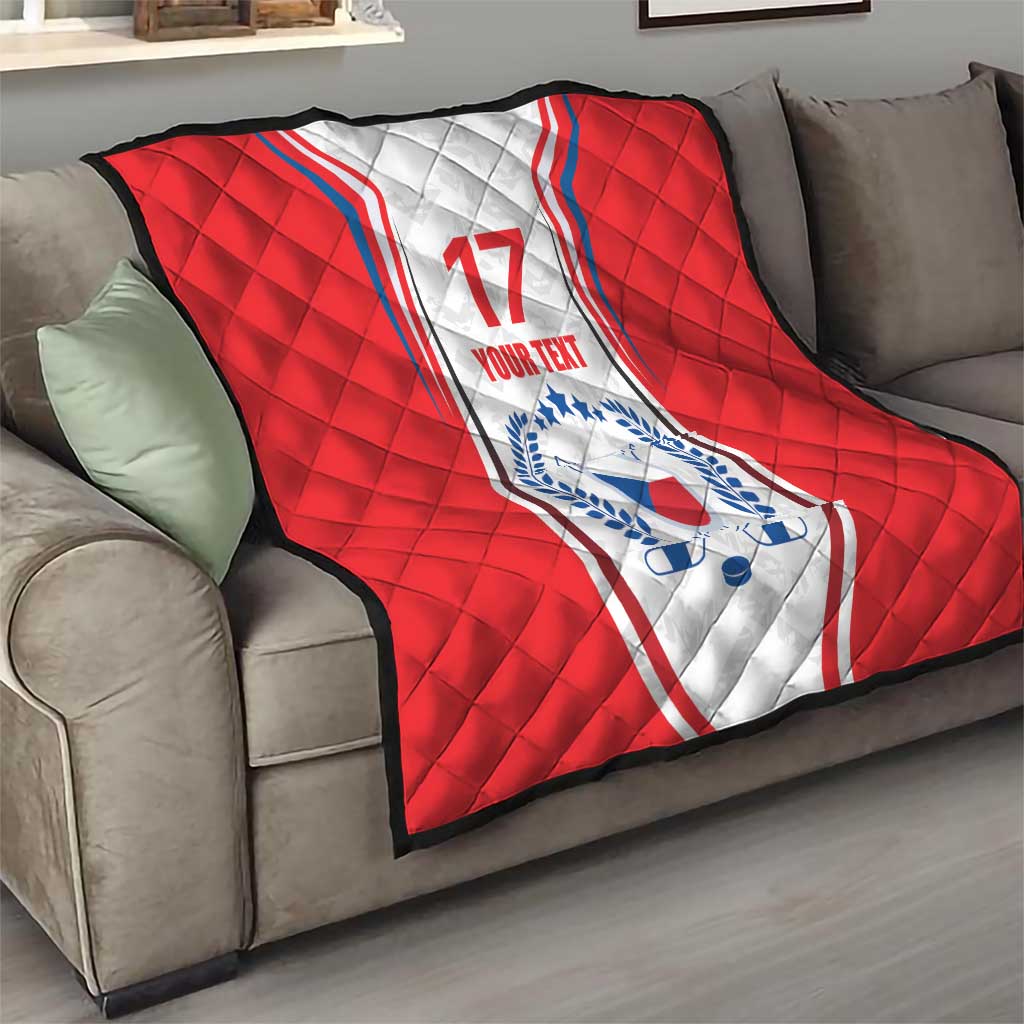 Red custom quilt blanket on sofa with Czech hockey emblem, number 17, YOUR TEXT