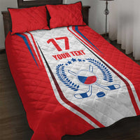 Red quilt bed set with Czech flag ice hockey graphic and quilted diamond pattern