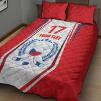 Red quilt bed set with Czech flag ice hockey emblem on white center stripe