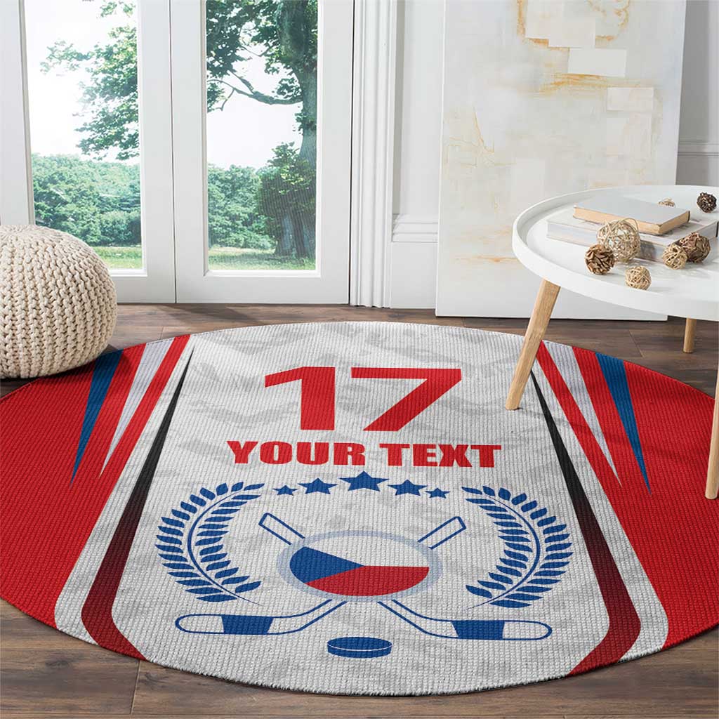 Round hockey-themed rug with '17' and 'YOUR TEXT', plus blue crest and crossed hockey sticks