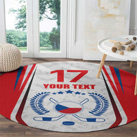 Round hockey-themed rug with '17' and 'YOUR TEXT', plus blue crest and crossed hockey sticks