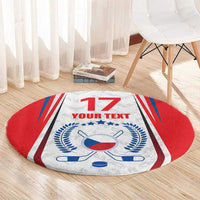 Round hockey-themed area rug with red border, blue crest, and 'YOUR TEXT' panel with '17'