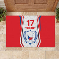 Red rubber doormat with hockey flag design, number 17 and Czech-style crest, custom text