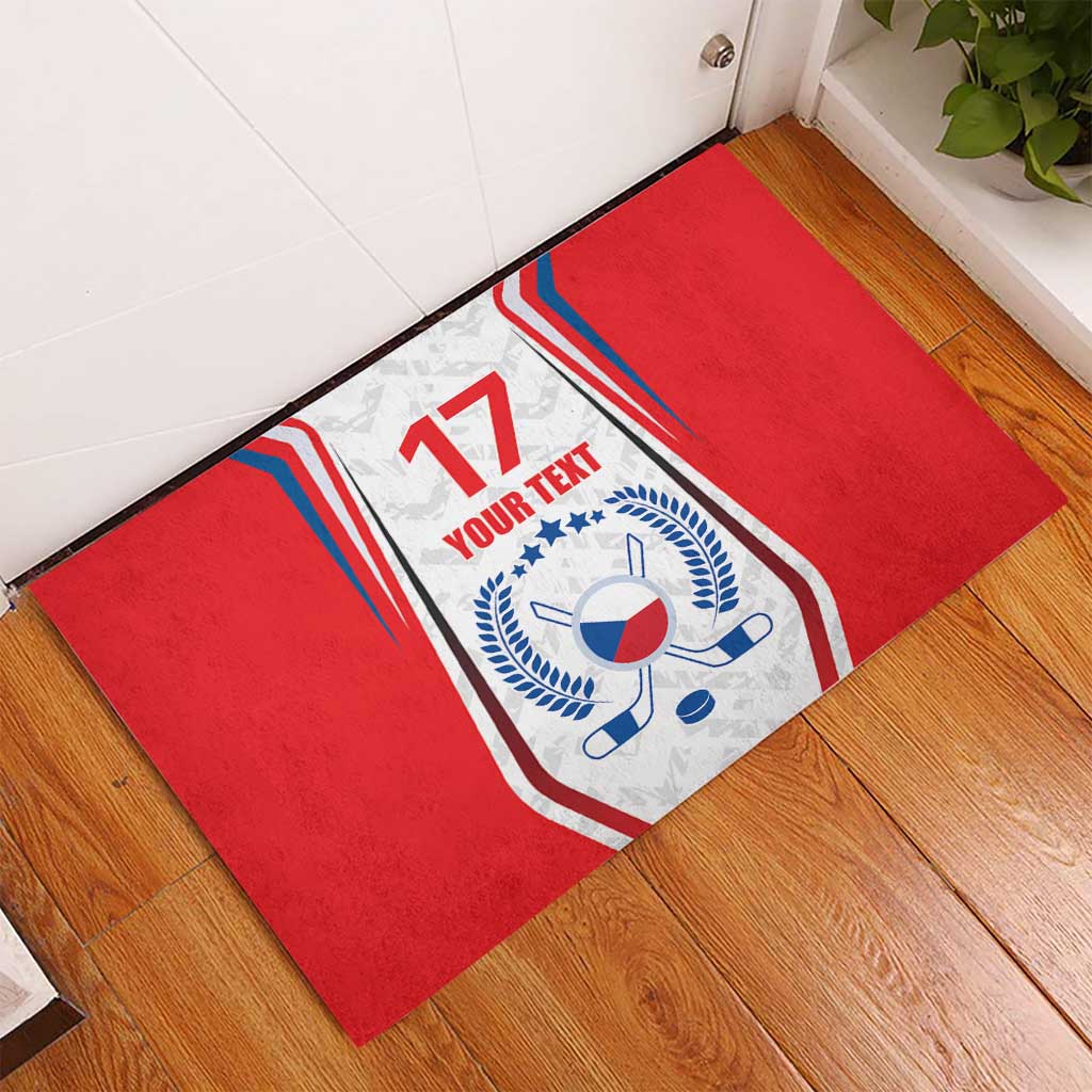 Red rubber doormat, hockey flag design with number 17, crest and custom text