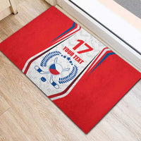 Red rubber doormat with hockey flag center, number 17, crest, custom text