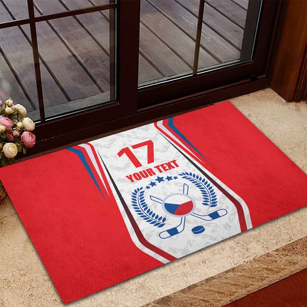 Red rubber doormat with hockey flag design, number 17, Czech crest and custom text