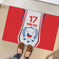Red rubber doormat with hockey flag design, number 17, crest and custom text