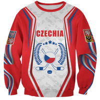 Unisex red and gray hockey sweatshirt with Czechia crest, flag sleeve patches, front graphic