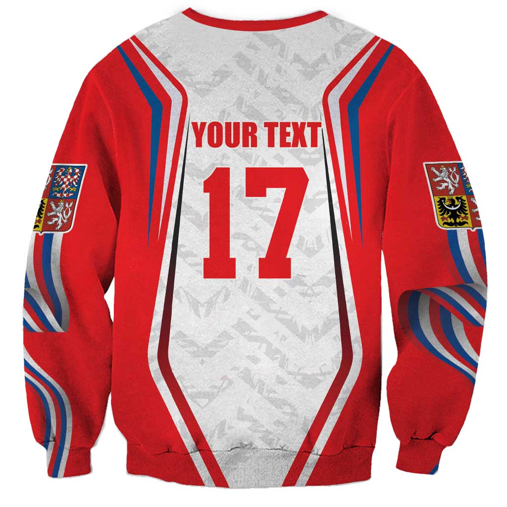 Unisex red and gray hockey sweatshirt, back shows YOUR TEXT and 17 with flag graphics