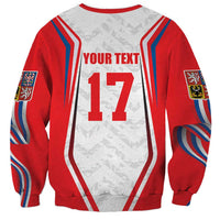 Unisex red and gray hockey sweatshirt, back shows YOUR TEXT and 17 with flag graphics