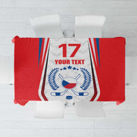 Red Czech ice hockey tablecloth with blue emblem and red-and-white stripes, number 17