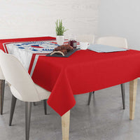 Red Czech ice hockey tablecloth with blue crest on white center and red fabric drop
