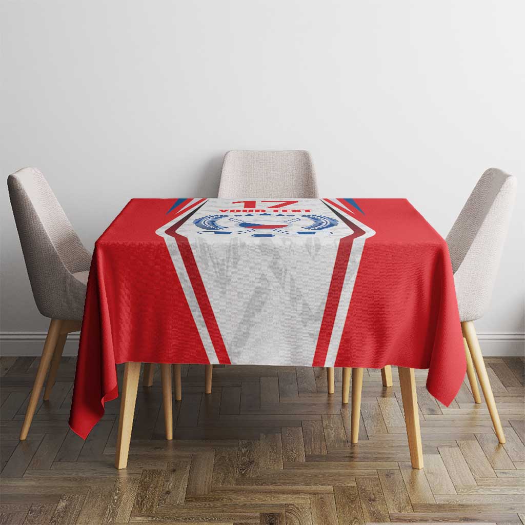 Red Czech ice hockey tablecloth with blue emblem in a white hex frame