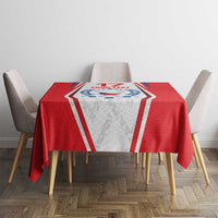 Red Czech ice hockey tablecloth with blue emblem in a white hex frame