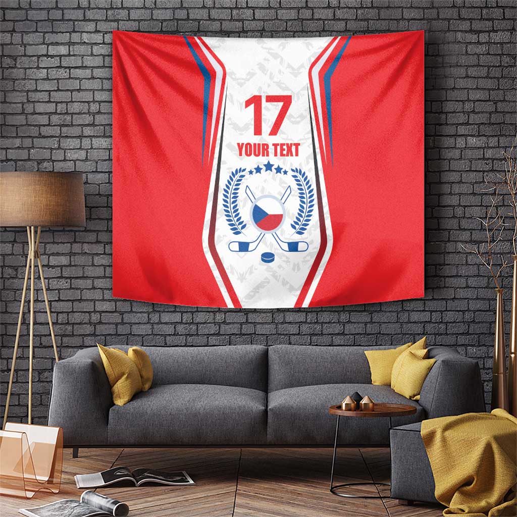 Red Czech ice hockey tapestry flag with centered crest, number 17, and 'YOUR TEXT'