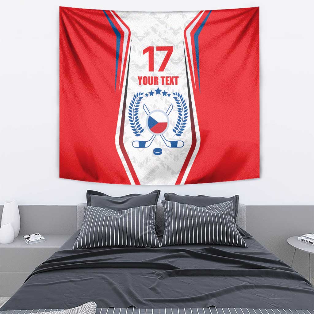 Czech ice hockey tapestry flag in red and white with number 17, laurel crest, 'YOUR TEXT'