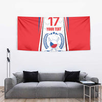 Red Czech ice hockey tapestry flag with number 17, laurel emblem, and 'YOUR TEXT'