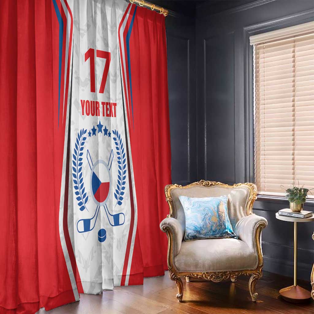 Red and white hockey flag window curtain panel with blue crest and "YOUR TEXT"