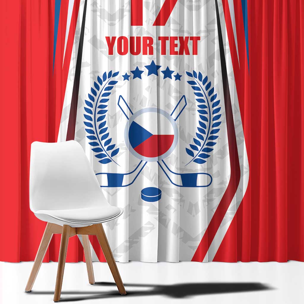 Close-up of red and white hockey flag curtain with "YOUR TEXT" and blue emblem