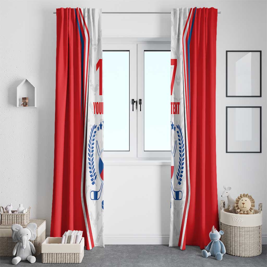 Red and white double-panel hockey flag curtain for windows with blue "YOUR TEXT"