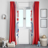 Red and white double-panel hockey flag curtain for windows with blue "YOUR TEXT"