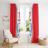 Red and white double window curtain with hockey flag design and "YOUR TEXT"