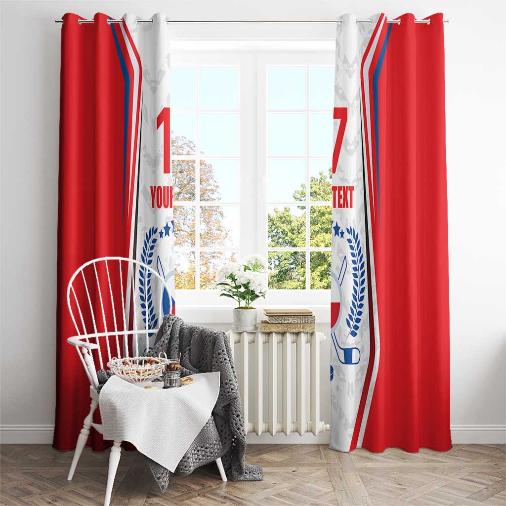 Red and white Czech hockey flag curtains with "YOUR TEXT" and blue emblem