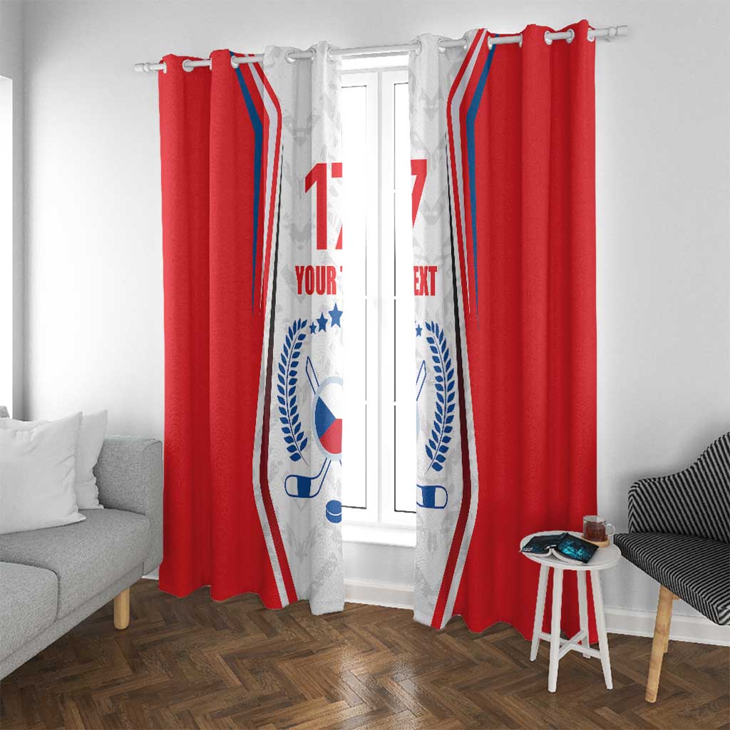 Red and white hockey flag window curtains with blue detailing and "YOUR TEXT"