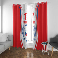 Red and white hockey flag window curtains with blue detailing and "YOUR TEXT"