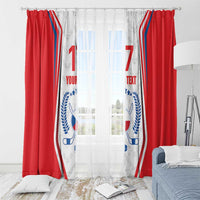 Red and white hockey flag curtain with "YOUR TEXT" and blue crest, hanging on rod