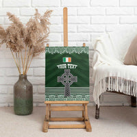 Green personalized Celtic cross shamrock canvas wall art on easel with “Your Text”